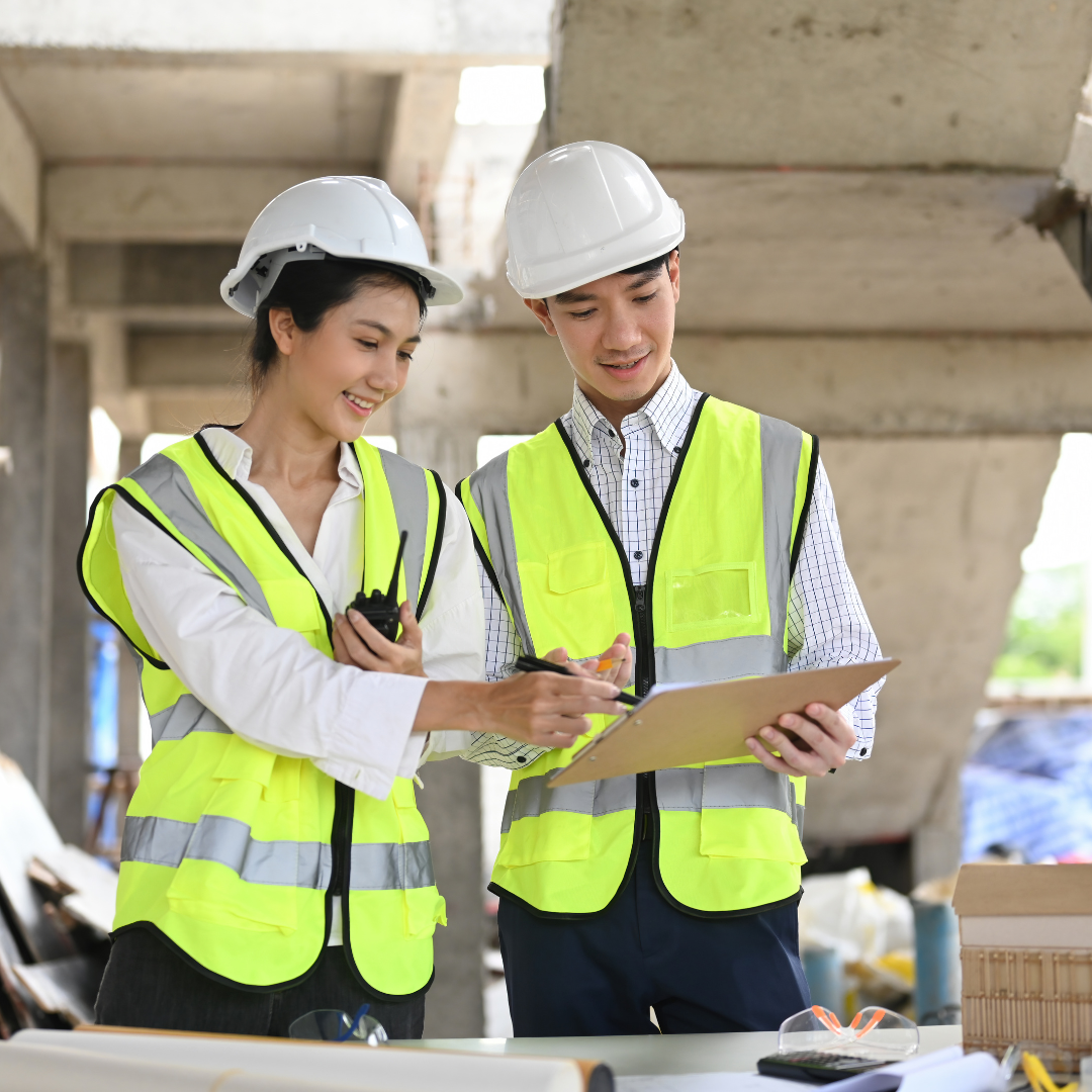 Two construction young people wearing white safety helmets and high-visibility vests reviewing plans on a clipboard at a building site.