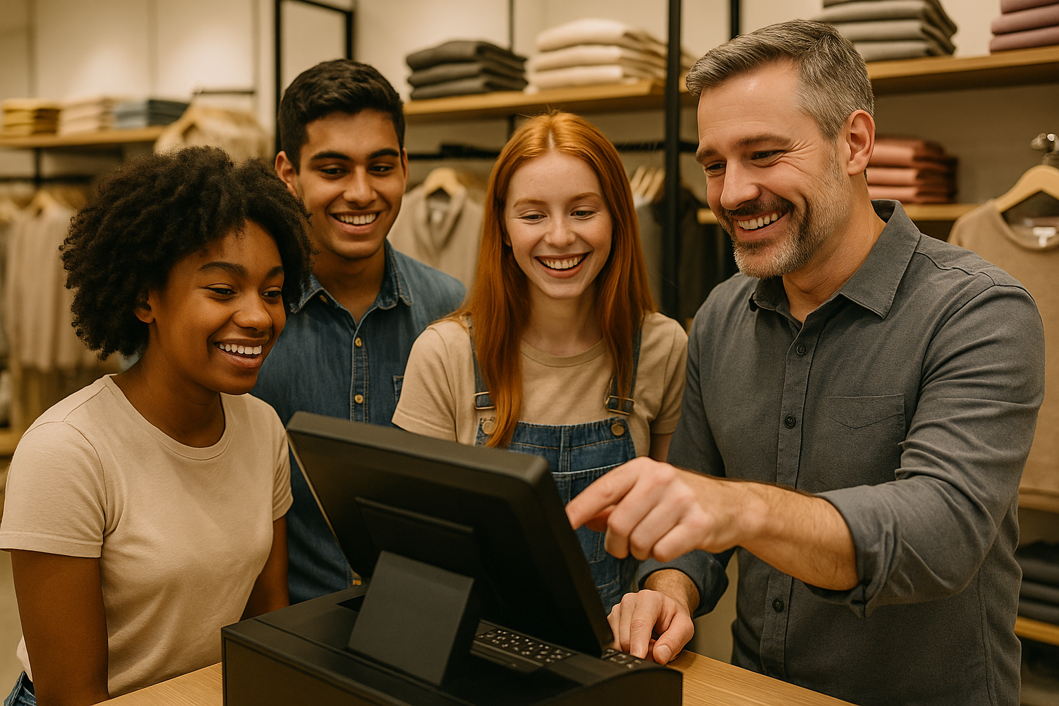 A diverse group of young retail employees being trained at a checkout counter by an older colleague in a clothing store.