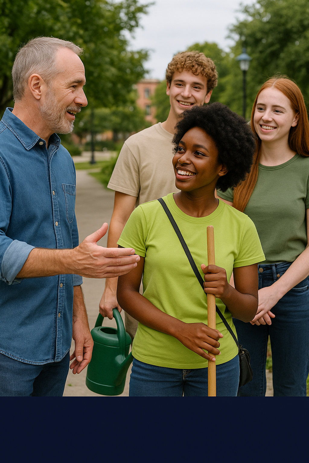 A diverse group of young people and a middle-aged man smiling and talking together outdoors in a community park, holding gardening tools.